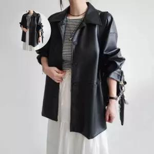 여성 레더 재킷 카라넥 오버핏 바이크 아우터 가죽자켓