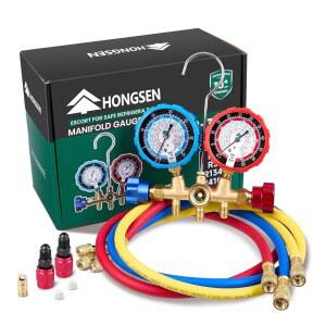 황동 본체 및 방폭 가 장착된 홍센 HVAC 매니폴드 게이지 세트 3FT 호스 R410A 어댑터가 AC R32 R134a R22와 호환 가능