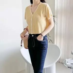 여성 여자 크롭 가디건 골지 패턴 브이넥 브이 데일리 캐주얼 러블리 여름 반팔 니트가디건 패션 아우터