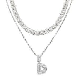 HH 블링 엠파이어 실버 아이스 아웃 큐빅 지르코니아 다이아몬드 이니셜 레터 펜던트 체인 목걸이, 펜던트 로프 및 바게트 테니스 체인 | 2개 목걸이 세트