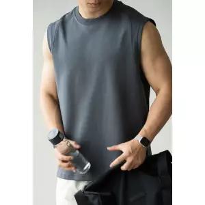 남성 심플데일리룩 조끼 방지 보풀 고밀도 라운드 양면 면 하통 숄더 엠보싱 트레이닝 상의 OOTD2