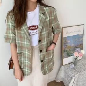 [기타브랜드]네쥬 여성 여름 루즈핏 데일리 예쁜 반팔 린넨 체크 자켓