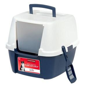 현관문 덮개가 있는 대형 고양이 쓰레기통, 휴대성과 프라이버시를 위한 스쿱, 손잡이 및 버클이 있는 밀폐형 쓰레기통 인클로저, 쓰레기통, 네이비/화이트