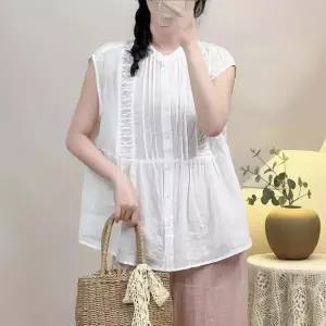 EAMT 여자 여름 아코디언 미디엄 모시 싱글 톱 블라우스 민소매 차이나 YJ2