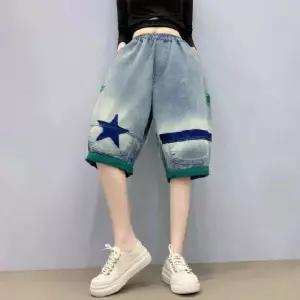 EAMT 팬츠 하프 데님 여성용 여름 빈티지 얇은 패치 밴딩 빅사이즈 5부 YJ2