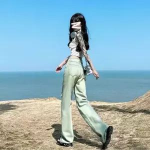 EAMT 빈티지 여름 여성 배기핏 청바지 황토 찢 더블 하이웨이스트 배기 슬랙스 YJ2