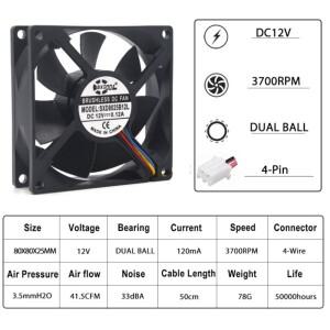 듀얼 볼 전기 라디에이터, 80mm 냉각 선풍기 Pwm Cpu 8025, 12V 4 핀 냉각기, 80x80x25mm, 3700RPM, 1 개