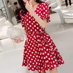 [기타브랜드]에퀴르 여성 브이넥 도트 프릴 귀여운 미니 랩 원피스