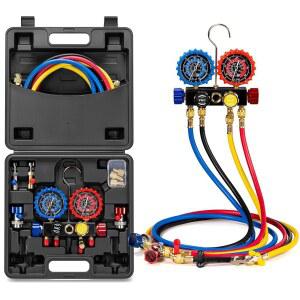 VIVOHOME HVAC 매니폴드 게이지 세트 R134a R410a R22 R32 냉매, 차량 프레온 충전 및 배기를 위한 5피트 호스가 장착된 밸브 자동차 AC 4개