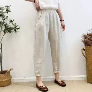 팔콘 바지 여성용 하계 오피스룩 배기핏 샌드워싱 리넨 슬랙스 허리밴딩 슬림핏 무 솔리드 마 KKE1