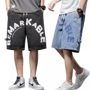 [아이에스이랩]배기핏 레터링 버뮤다 와이드 데님 청 반바지 I5PT038