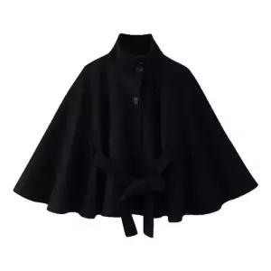 EAMT 여성 봄 하이넥 케이프 트위드 코트 벨트 EUNG1