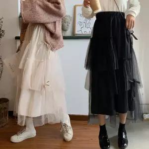 3단 스커트 레이스 망사 여성 밴딩 리본 포인트 장식