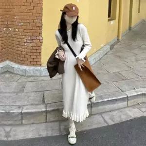 [기타브랜드]에퀴르 여성 프릴 골지 니트 데일리 플레어 롱 원피스