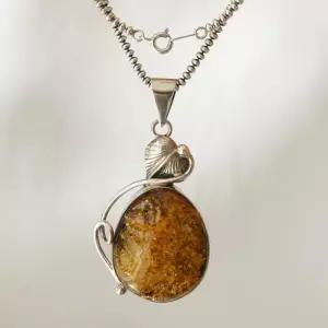 [제이로렌]바이데이지 호박 원석 라운드 펜던트 실버 체인 목걸이 Bn0503