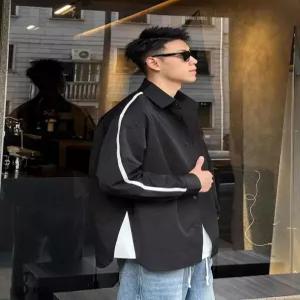 남자 배색 셔츠 오버핏셔츠 블랙 가을 긴팔 와이셔츠 포켓 캐주얼 남친룩 남방 아이스