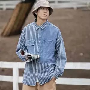 [아이에스이랩]사계절 오버핏 배색 데님 긴팔 셔츠 청 자켓 I3SH019Q