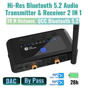 고해상도 블루투스 5.2 오디오 송신기 리시버 광학 동축 AUX 3.5m 바이패스 4 동기 출력 2 in 1 aptX 적응