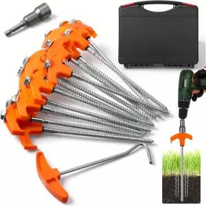 이안팬 20개 8인치 헤비 듀티 나사 헥스 헤드 및 보관함이 있는 텐트 말뚝 캠핑 스윙 캐노피용 금속 접지