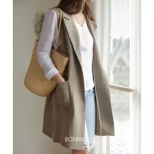 [하프클럽/보니제이]레이어드 오픈 카라 롱 베스트 민소매 린넨 자켓