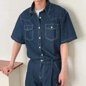 [다잇템]남자 여름데님 투포켓 스티치 루즈핏 반팔 셔츠
