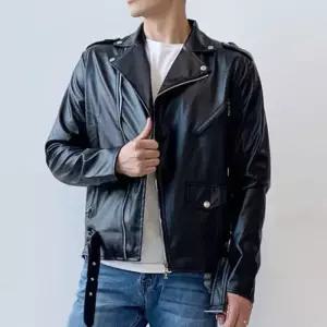 [다잇템]남자 오버핏 지퍼 카라 벨트 레더 라이더 자켓