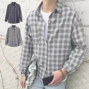 [다잇템]남자 남친룩 그레이 네이비 체크 루즈핏 셔츠