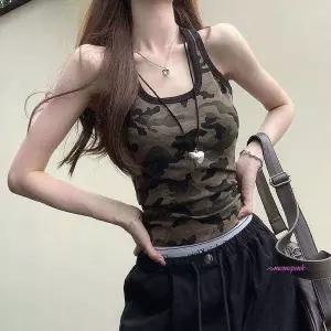 여름 나시티 U넥 밀리터리 민소 크롭나시 카모플라쥬zab281