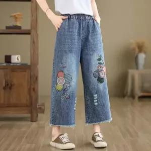 여성청바지 여름 7부 자수 얇은 데님 와이드 팬츠 루즈핏 캐주얼 심쿵빛