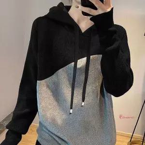 가을 홈웨어 긴팔 탑 후드 니트 배색 베이직 데일리룩 탑베이직zab337