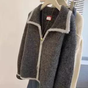 바이브모션 세미크롭 지퍼 세일러 배색 자켓 카라넥 집업 니트 가디건 투웨이 봄상의 캐주얼룩 루즈핏 간절