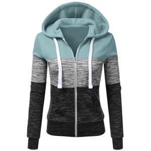 뉴비스타일 여성용 후드티 컬러 블록 후드 스웨트셔츠 베이직 집업 저지 재킷 긴팔 상의 포켓 플러스 사이즈