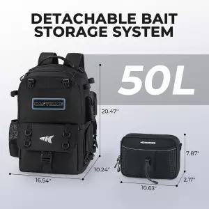 탈착식 미끼 바인더가 있는 캐스트킹 미끼스페이스 50L 낚시 태클 백팩 낚싯대 홀더 2개 보관용 도구 및
