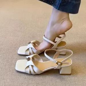 키체샵 여성 빈티지 여름 샌들 오픈토 일자 양가죽 스트랩 통굽 로마슈즈 HO2