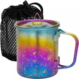 뚜껑이 있는 TiTo 티타늄 컵 냄비 초경량 휴대용 300ml 접이식 손잡이 캠핑 티 커피 워터 머그잔 야외 배낭