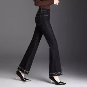 율랑팡 여성용 빈티지 가을 나팔바지 자수 하이웨스트 청바지 슬림핏 늘어뜨려 와이드 HO3