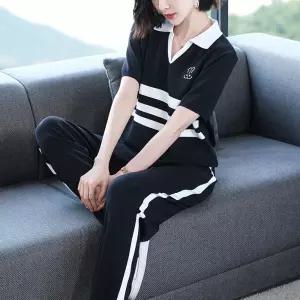 EAMT 투피스 여성 여름 캐주얼 긴팔세트 반팔세트 스트라이프 반팔 폴라넥 냉장고 슈트 엄마룩 트레이닝복