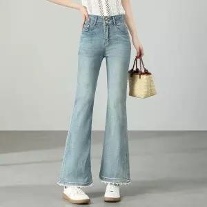 EAMT 여성용 바지 데님 여름 일자핏 청바지 레이스 모던 머메이드 슬림핏 하이웨스트 부츠컷 9부 EUNG2