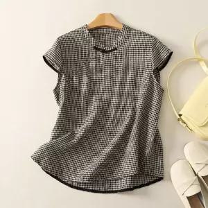 천진반 여성용 여름 데일리룩 티 라운드넥 체크 차이나 반팔 상의 KUK2
