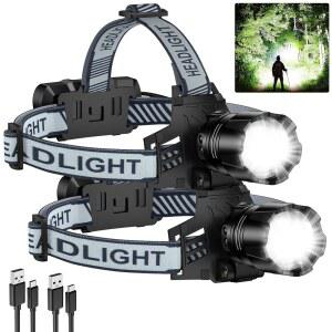 냐오차오 2팩 헤드램프 충전식, 99000 LM 슈퍼 브라이트 LED 헤드램프, 3가지 모드, 이마용 90 조절식 헤드라이트, 20시간 이상의 러닝타임 및 캠핑용 IPX6 방수