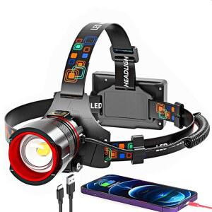 헤드램프 충전식 90000 루멘 초밝은 하드햇 라이트 줌 가능 IPX54 헤드라이트 캠핑 액세서리 6가지 모드 방수 장비 사이클링 러닝