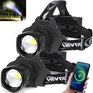 충전식 LED 헤드램프 1080 루멘, 5가지 조명 모드가 있는 초밝은 손전등, IPX6 방수, 캠핑, 하이킹, 낚시, 자전거 타기를 위한 줌형 헤드라이트(2팩 (2팩 헤드램프))