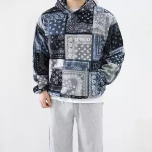 [엠클로]남자 오버핏 페이즐리 후리스 스냅 후드 맨투맨