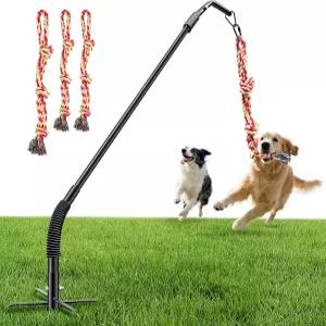 DESELL 테더 줄 야외 개 로프 장난감 조정 높이 업그레이드 스프링 폴 씹는 대형 중형 소형견을 위한