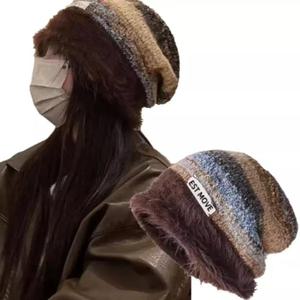 비니 패션 모자 겨울 1개 털실 니트 줄무늬 여성용 트렌디 캐주얼 헤드웨어 크로스보더 액