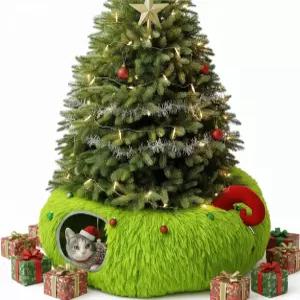 프리아나 플러피 플러시 고양이 터널 침대 크리스마스 트리 스커트 라임 그린 도넛 언더 3피트 x 9.4인치