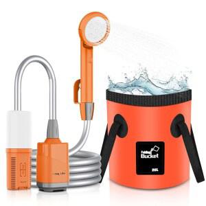 캠핑용 코시 라이프 휴대용 샤워기, 5갤런 접이식 버킷 & LED 조명이 장착된 충전식 캠핑 샤워 펌프, 전기 야외 펌프 하이킹(5.9피트 호스)