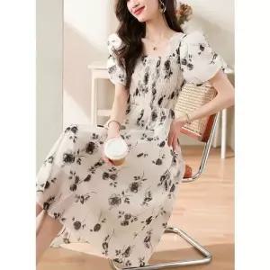 원피스 화이트 여성용 여친 미디엄 스퀘어넥 플라워 쉬폰 웨이스트업 부드러운 프렌치 의 CH5