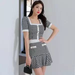 원피스 스커트 여성 여친 하계 투피스 원풍 플레어 톱 스퀘어넥 하운드투스 슬림 쉬폰 세트 CH5