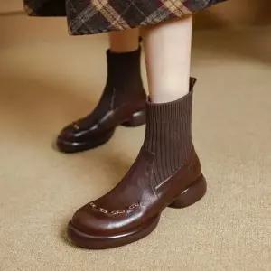 여친 니트 신발 컴포트 양가죽 통굽 부츠 웨지힐 플랩 양말 라운드 스판 KS5